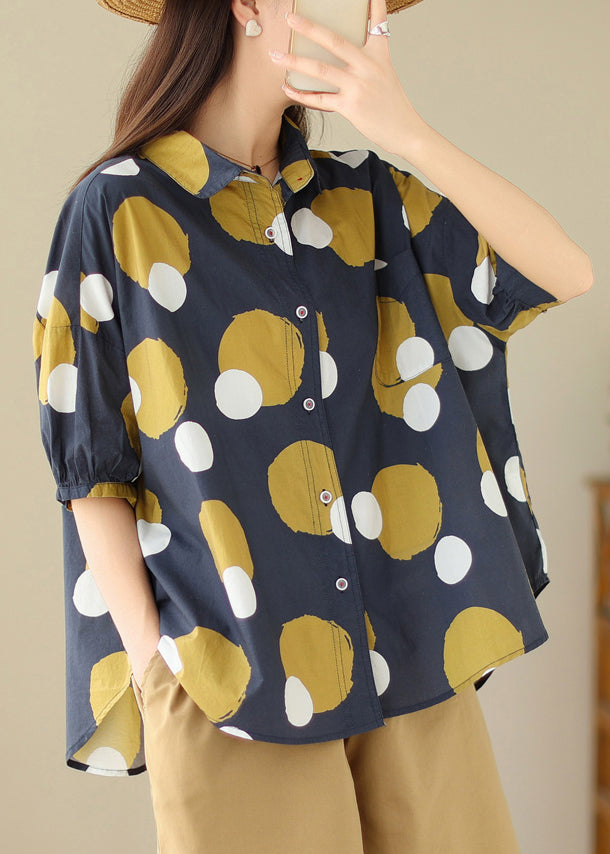 Plus Size Navy Peter Pan Collar Print Cotton Shirt Tops Summer