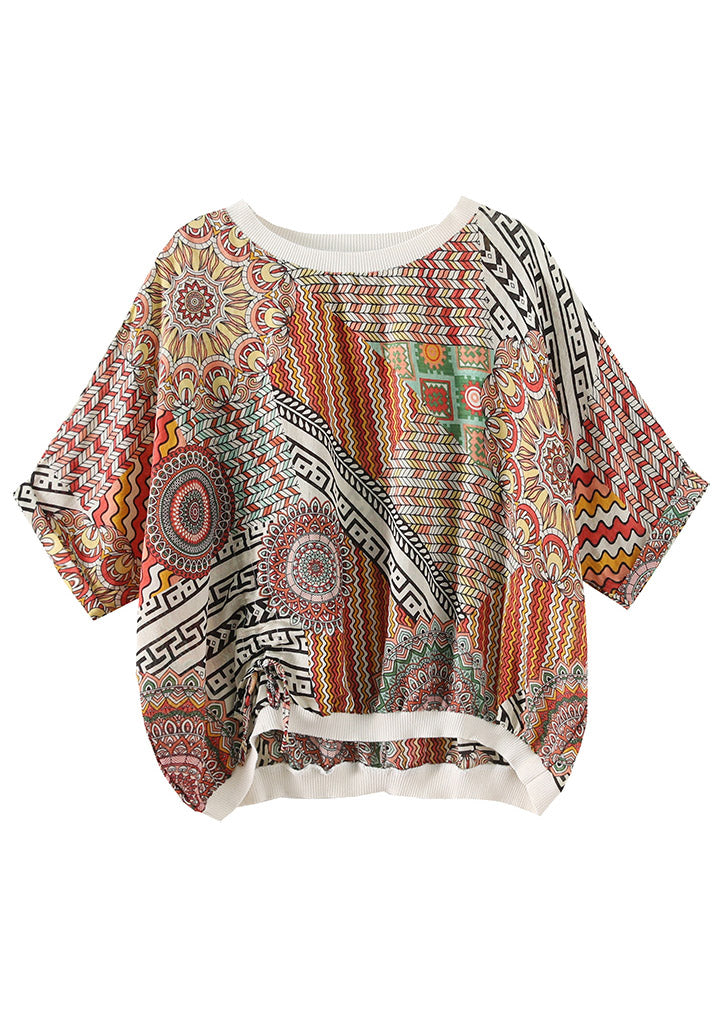 Plus Size O-Neck Print Chiffon Tops Half Sleeve