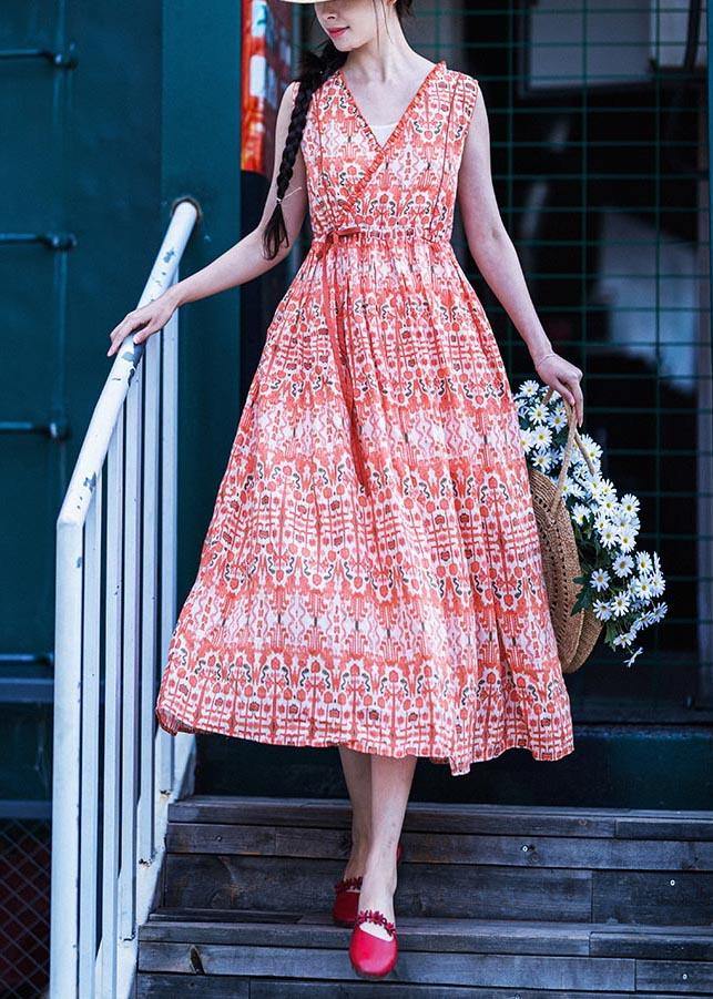 Plus Size Orange Print Cinched Ruffled Summer Linen Dress - Omychic