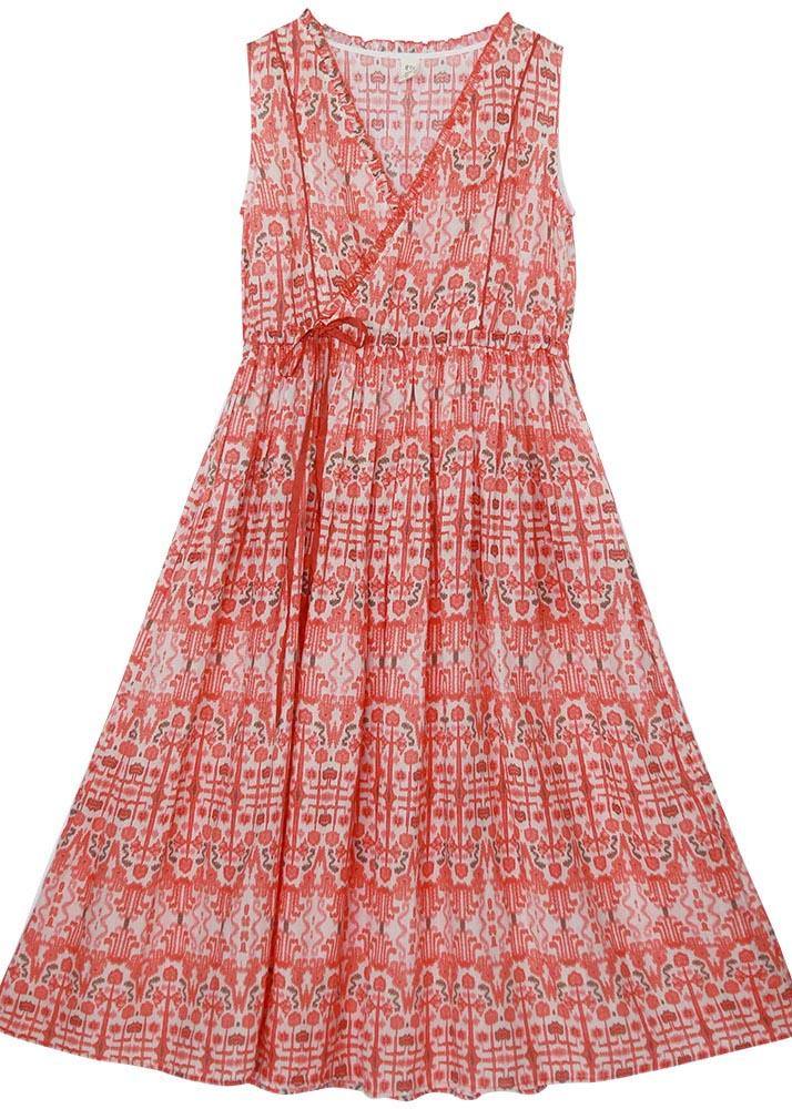 Plus Size Orange Print Cinched Ruffled Summer Linen Dress - Omychic