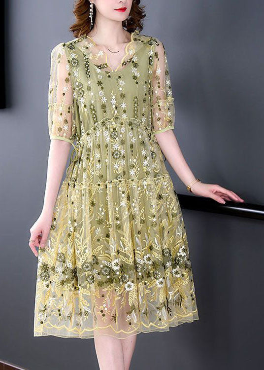 Plus Size Yellow Ruffled Embroideried Tulle Party Dress Summer