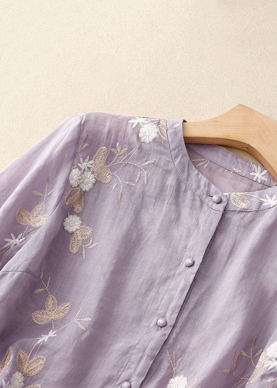 Purple Patchwork Cotton Shirt Tops Stand Collar Embroideried Summer