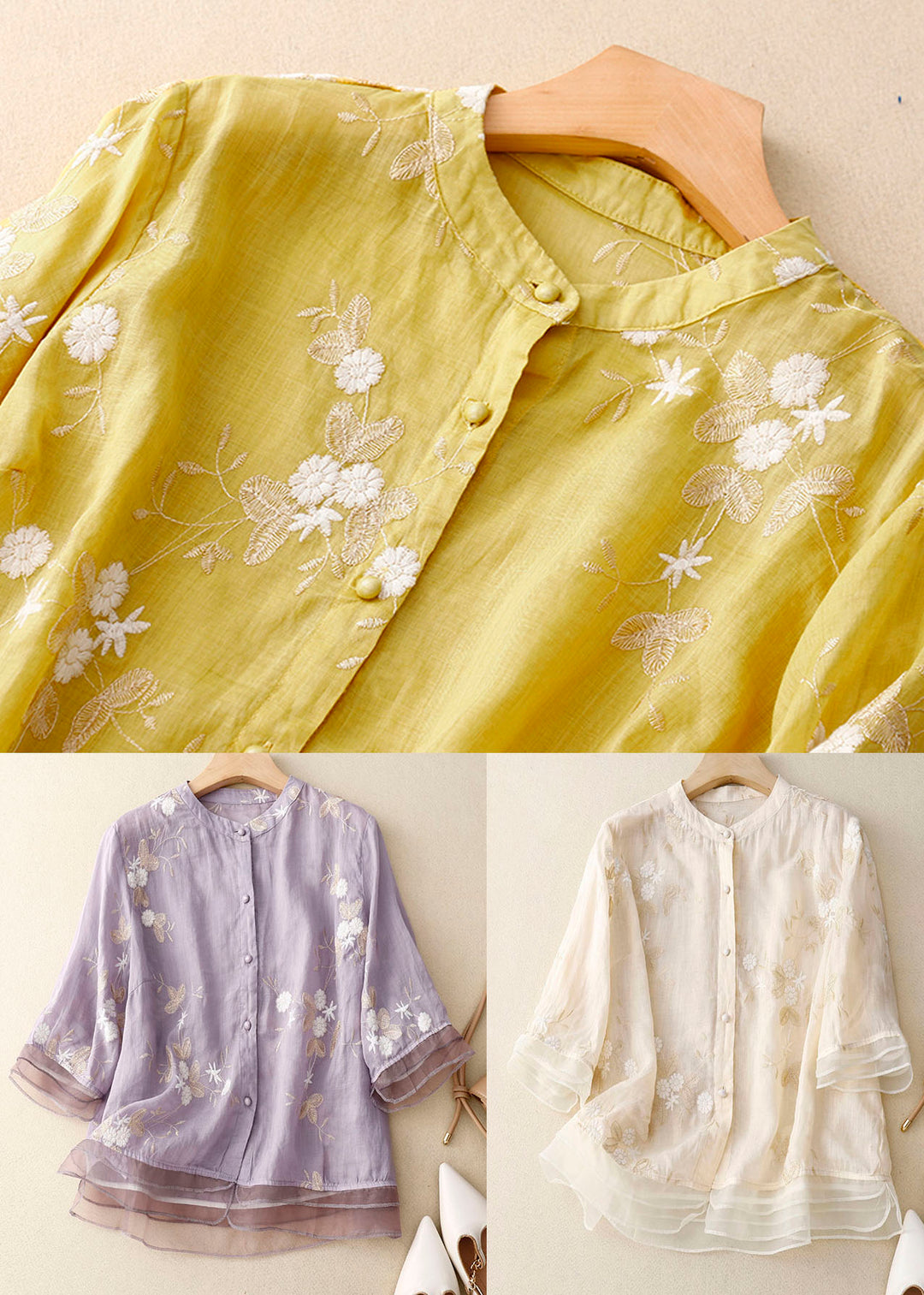 Purple Patchwork Cotton Shirt Tops Stand Collar Embroideried Summer