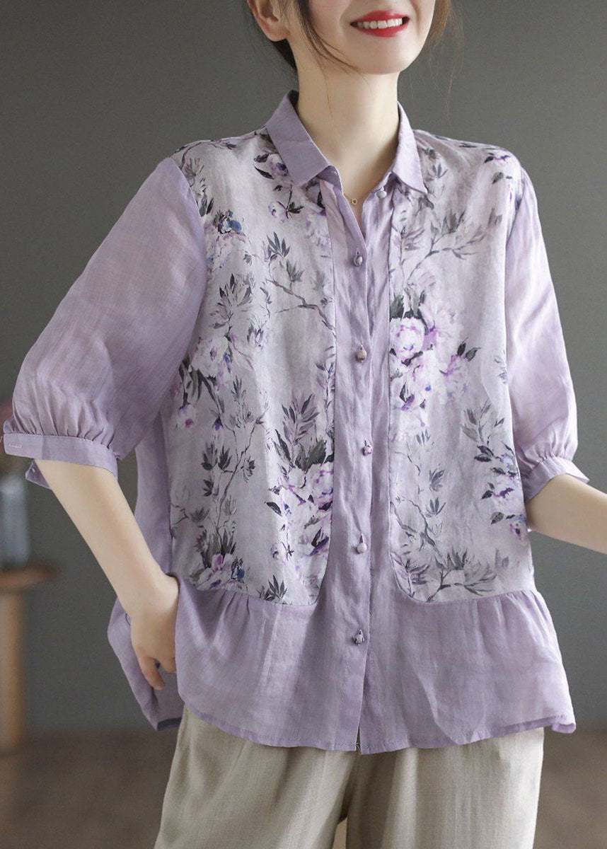 Purple Print Linen Blouse Top Peter Pan Collar Summer