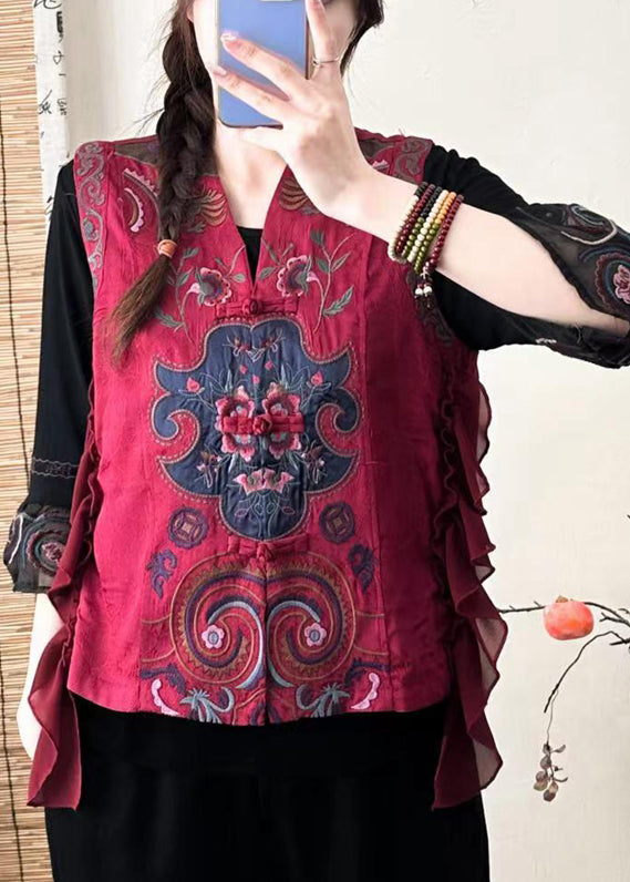 Red Button Patchwork Silk Waistcoat Embroideried Sleeveless