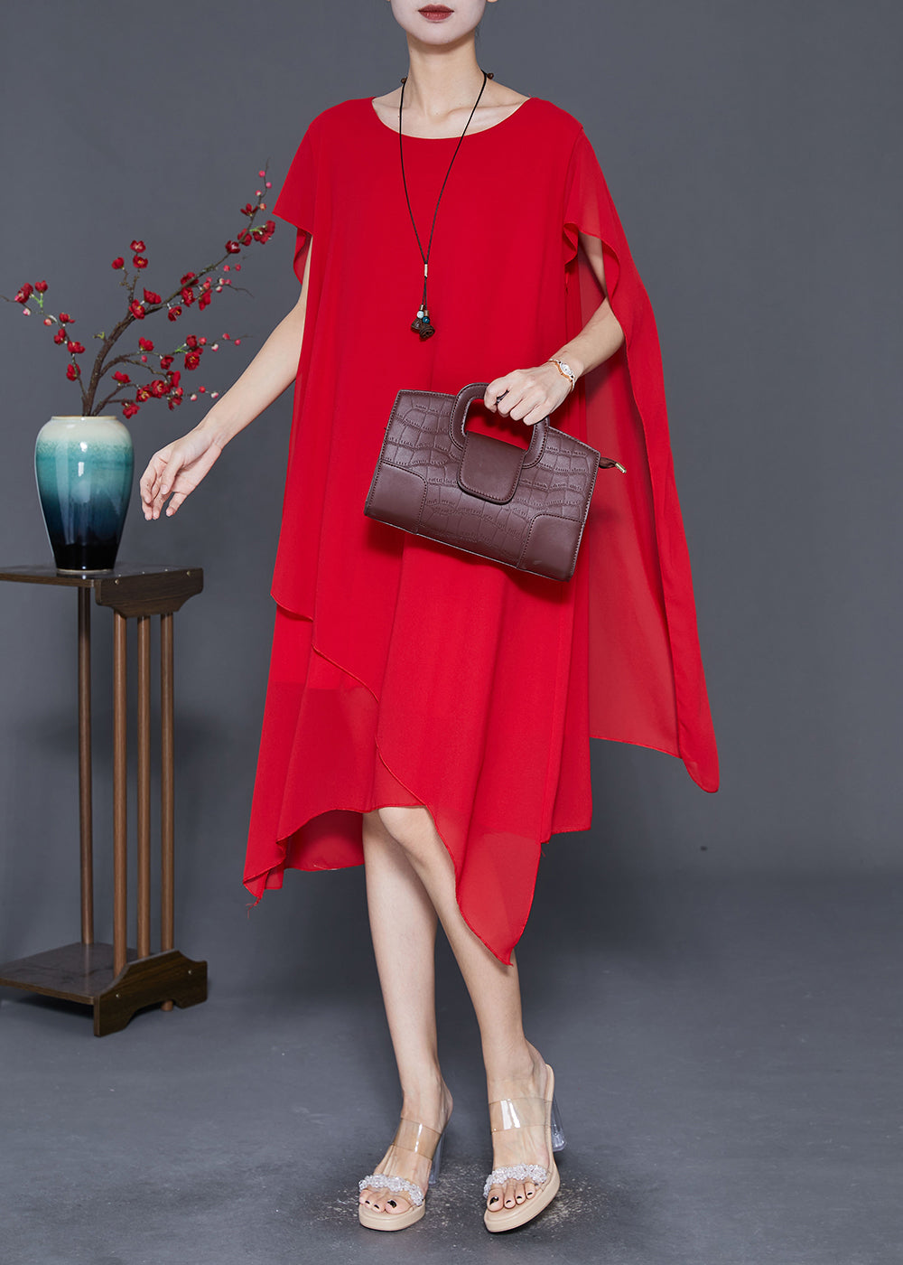 Red Chiffon Long Dress Asymmetrical Draping Cloak Sleeves