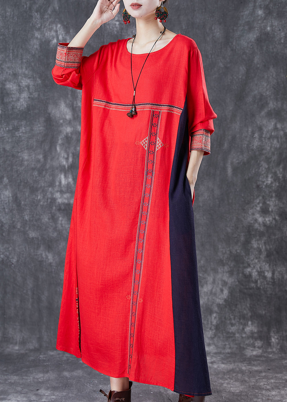 Red Patchwork Linen Maxi Dresses Embroideried Spring