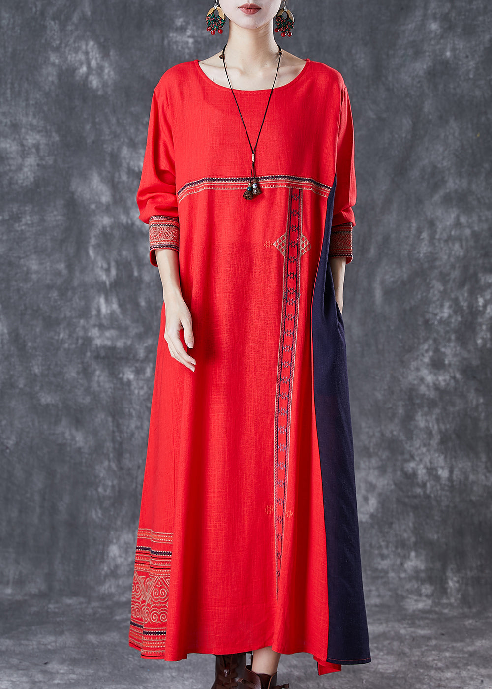 Red Patchwork Linen Maxi Dresses Embroideried Spring