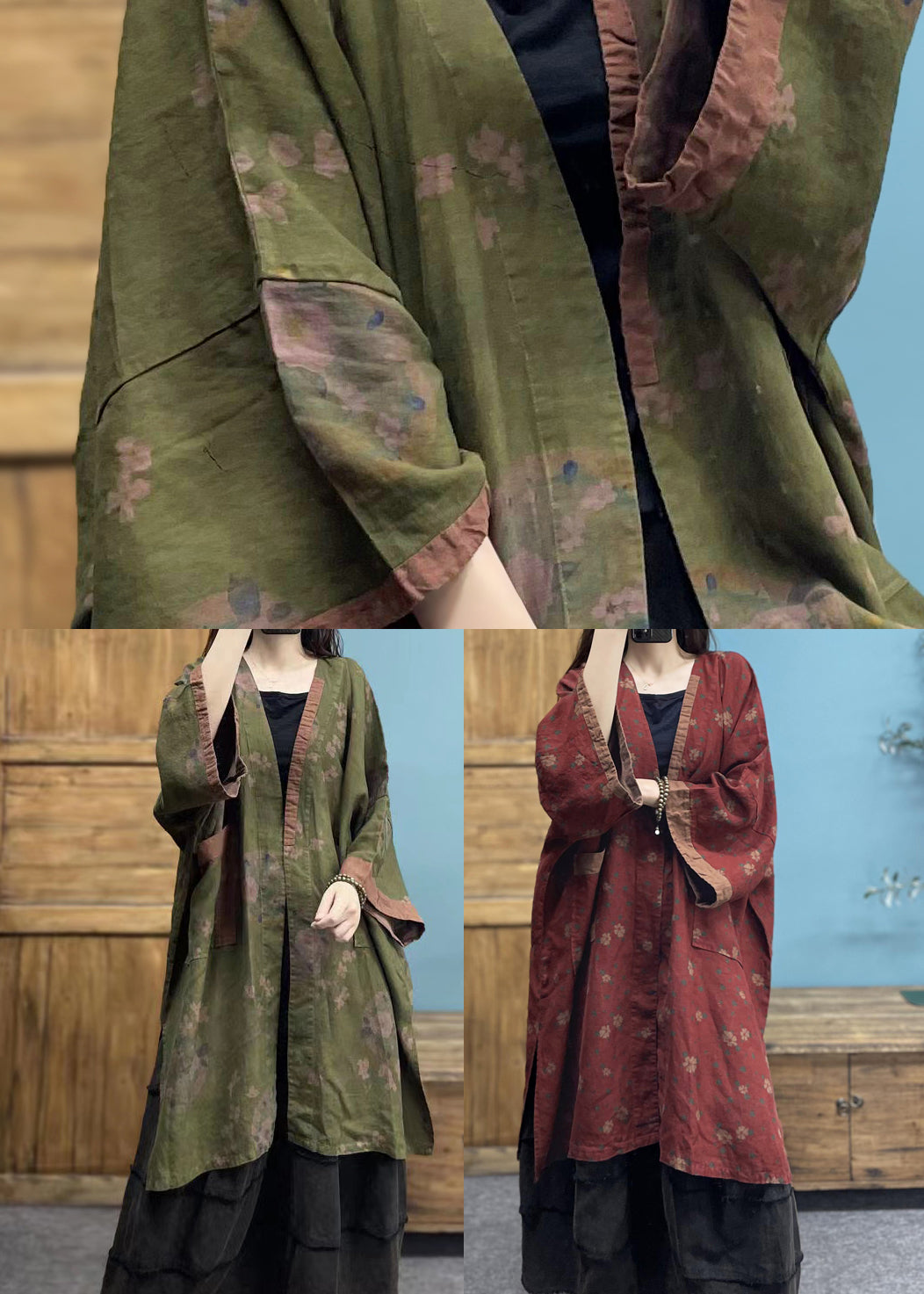 Red Print Patchwork Loose Linen Cardigan V Neck Spring