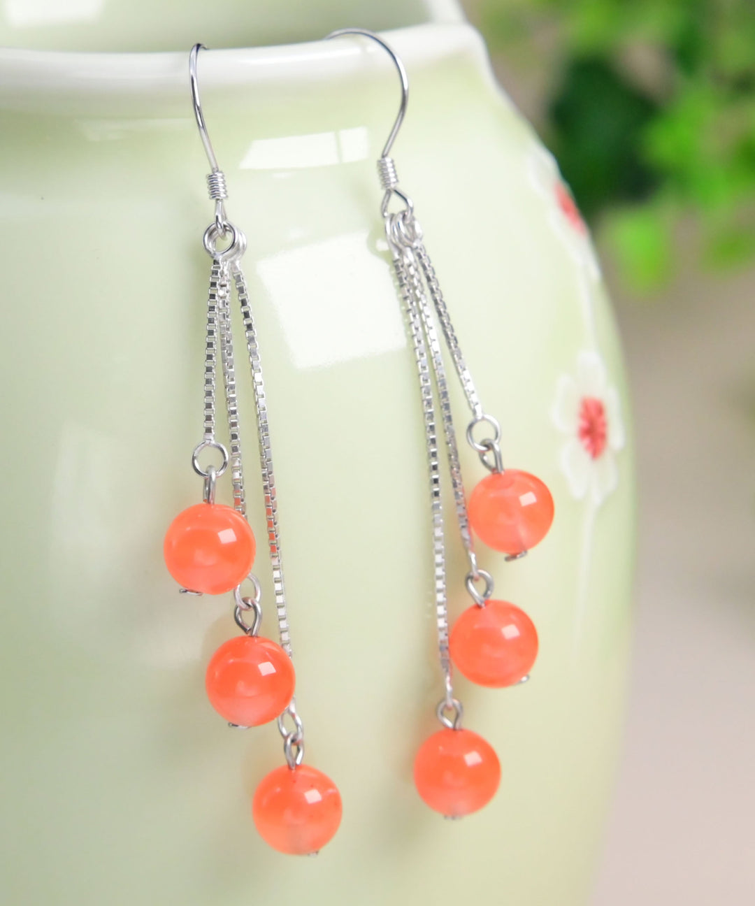 Regular Orange Sterling Silver Agate Tassel Drop Earrings