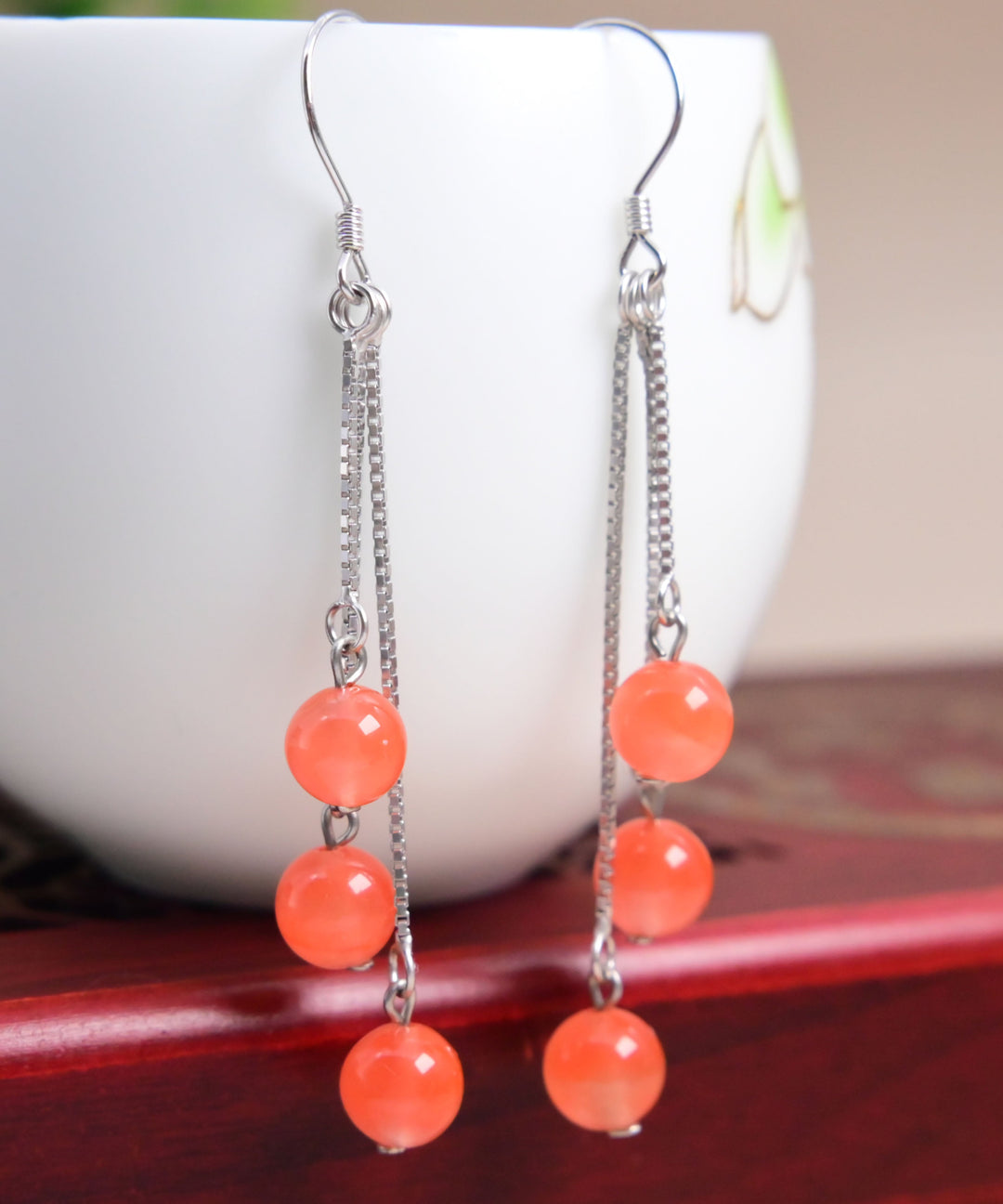 Regular Orange Sterling Silver Agate Tassel Drop Earrings