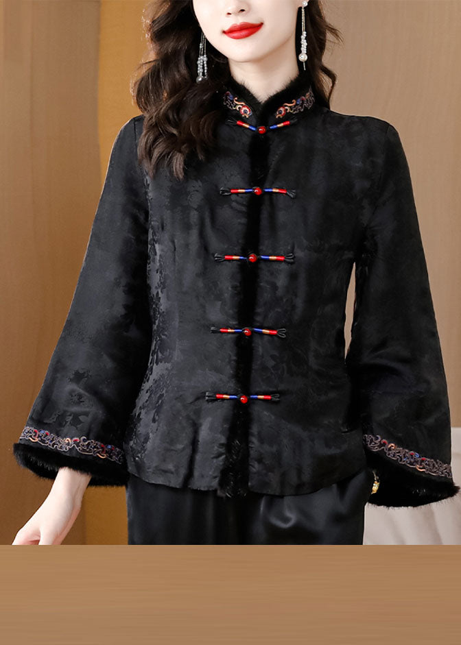 Retro Black Fur Collar Embroideried Button Silk Coats Long Sleeve