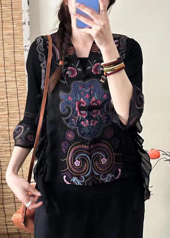 Retro Black V Neck Embroideried Ruffled Silk Waistcoat Sleeveless