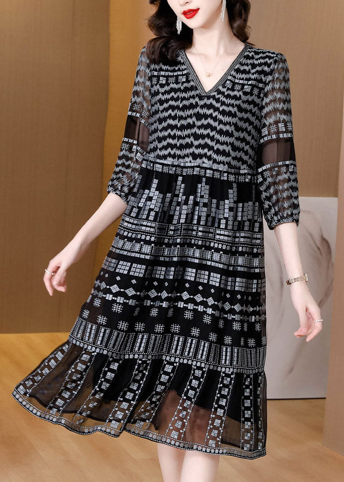 Retro Black V Neck Patchwork Party Long Dress Half Sleeve