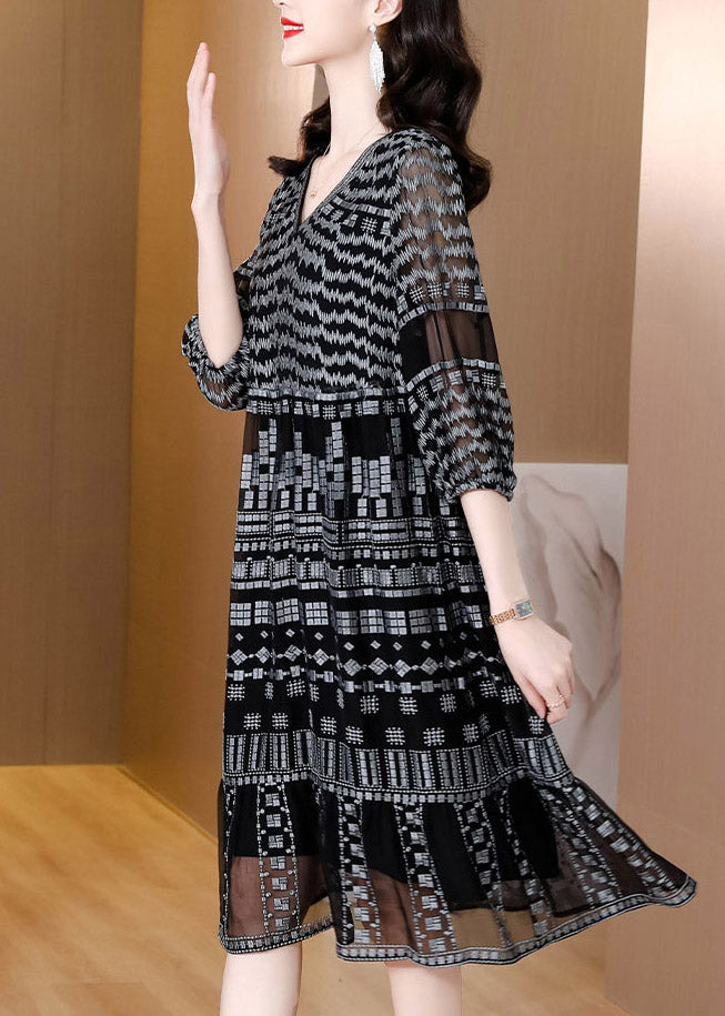 Retro Black V Neck Patchwork Party Long Dress Half Sleeve