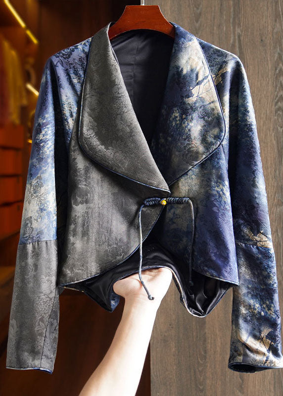 Retro Blue Notched Tassel Button Silk Coat Fall