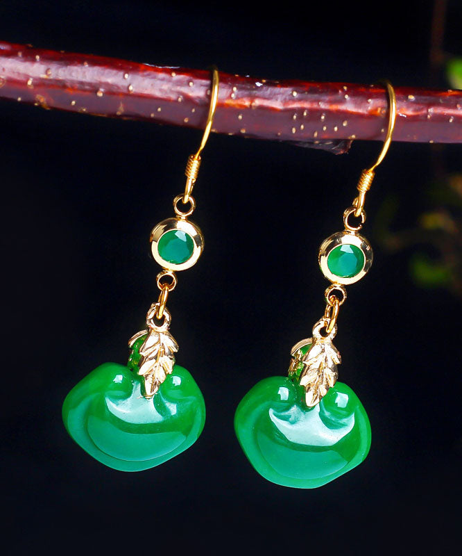 Retro Green 14K Gold Jade Ruyi Drop Earrings