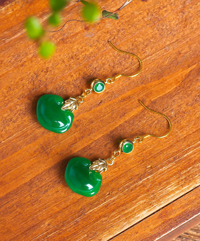 Retro Green 14K Gold Jade Ruyi Drop Earrings