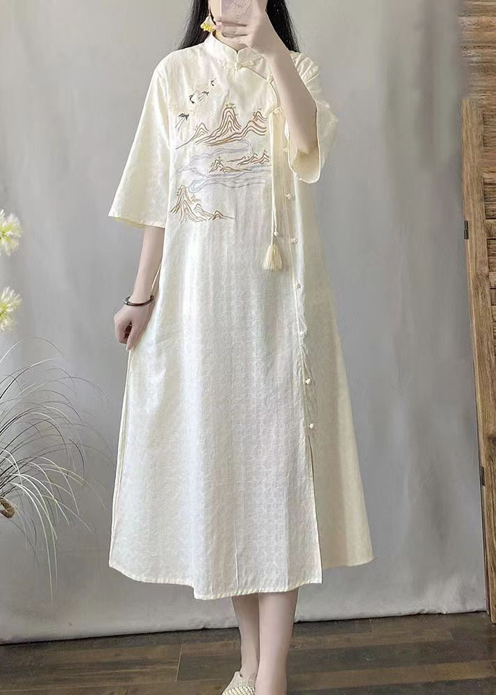 Retro Green Embroideried Tasseled Patchwork Linen Dress Summer