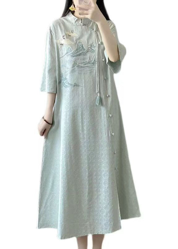 Retro Green Embroideried Tasseled Patchwork Linen Dress Summer