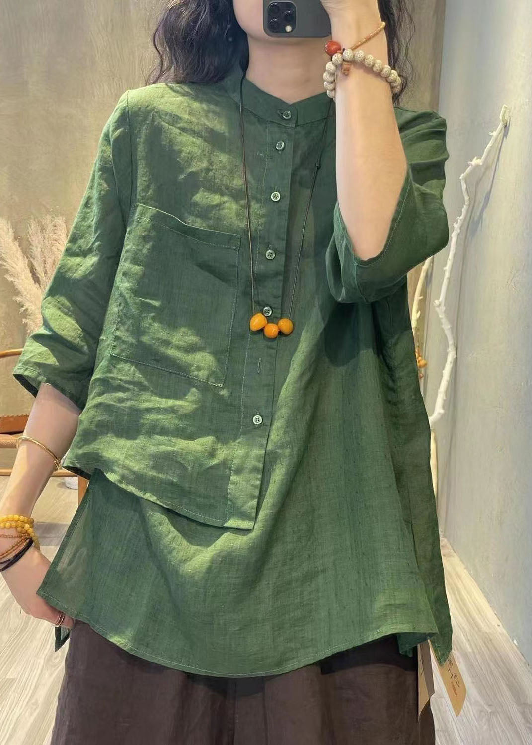 Retro Green Stand Collar Button Patchwork Cotton Shirt Tops Bracelet Sleeve