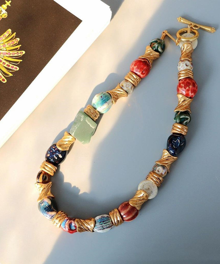 Retro Rainbow Ceramics Patchwork Gratuated Bead Necklace