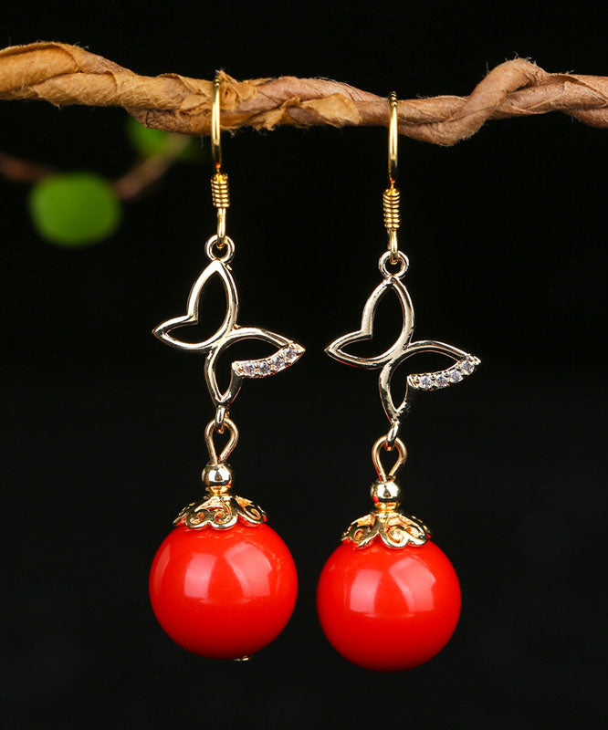 Retro Red Cinnabar Sterling Silver Overgild Zircon Drop Earrings