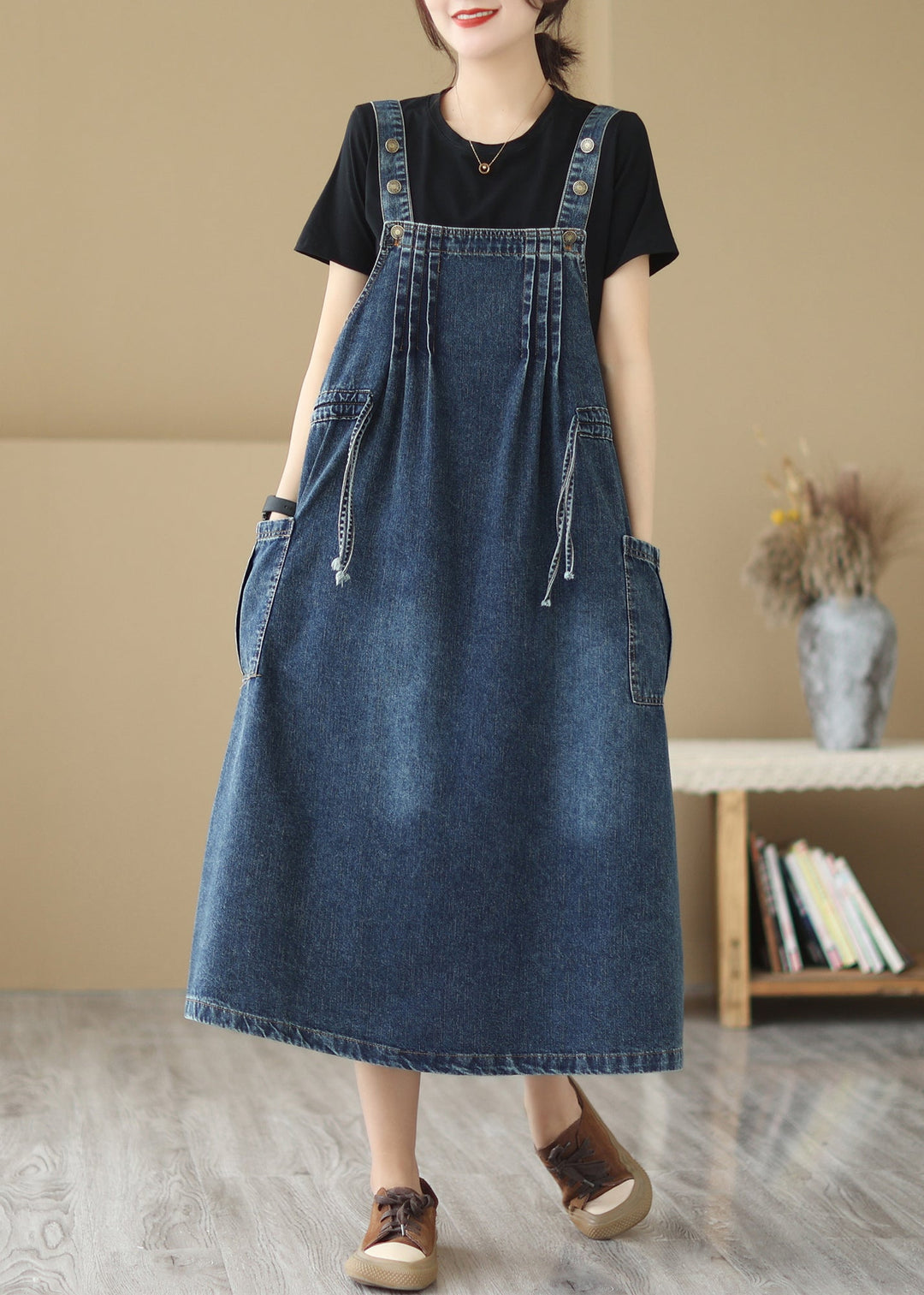 Retro Summer New Blue Pockets Drawstring Denim Strap Dresses