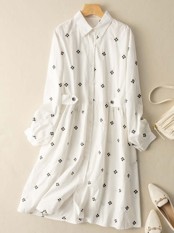 Embroidery Button Down Long Sleeve Shirt Dress