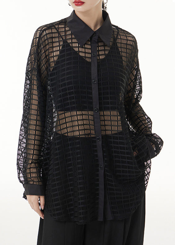 Sexy Black Peter Pan Collar Hollow Out Patchwork Lace Shirts Long Sleeve