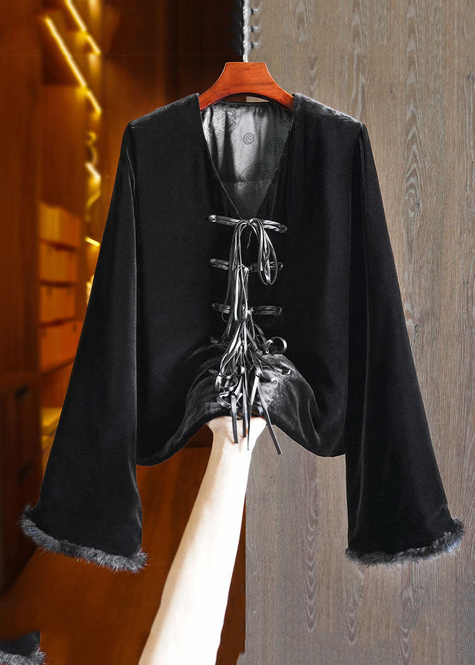 Simple Apricot V Neck Tassel Button Warm Silk Velour Jackets Winter