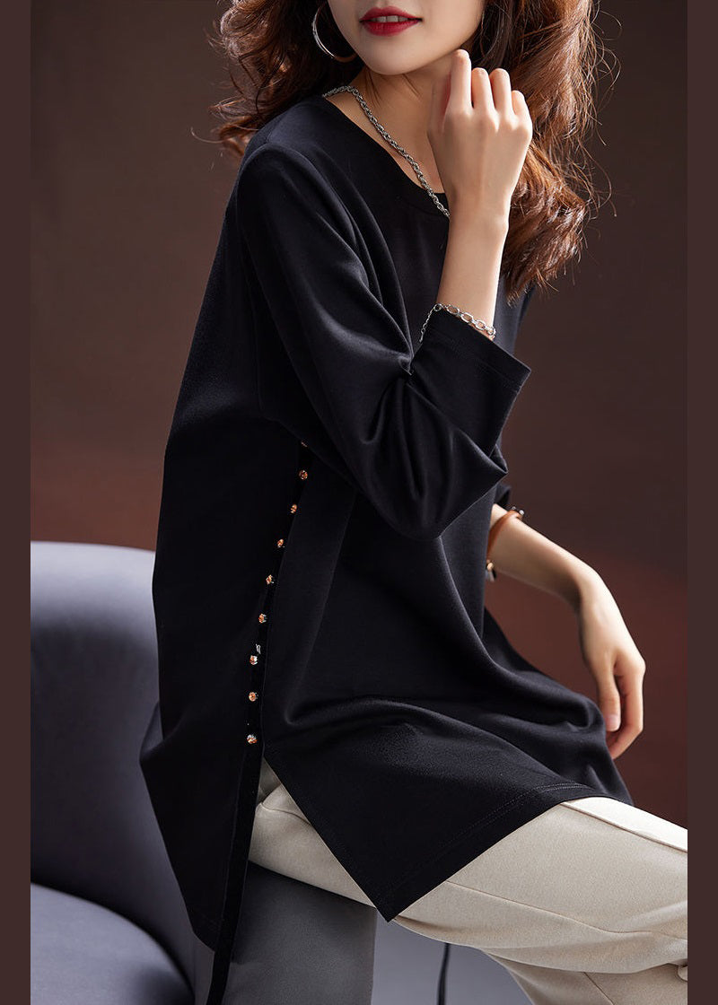 Simple Black  Zircon Side Open Cotton T Shirt Spring