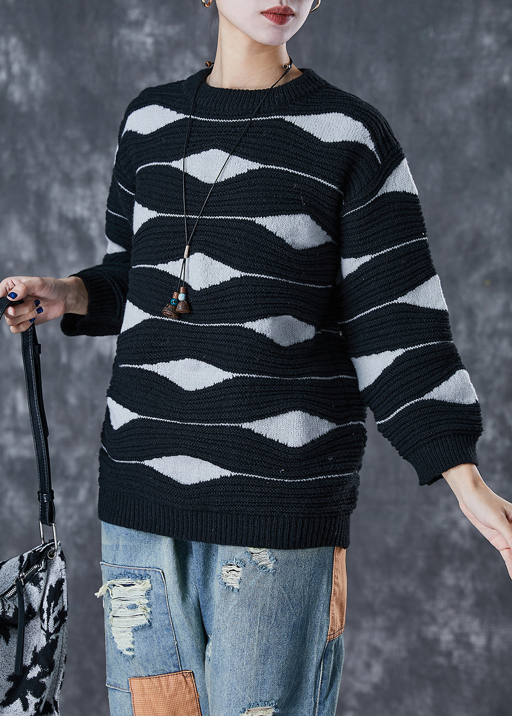 Simple Black Oversized Print Knit Sweaters Winter