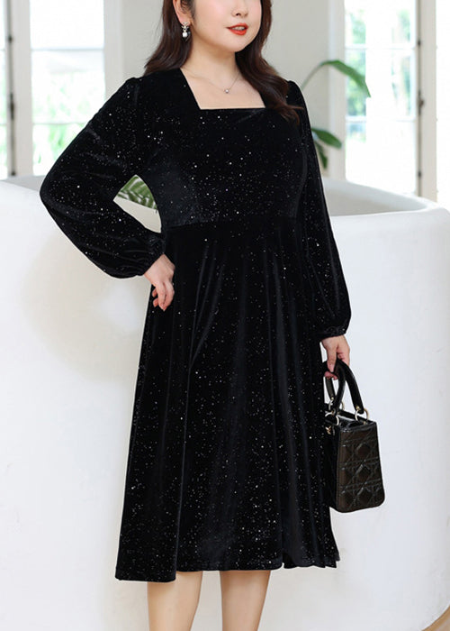 Simple Black Square Collar Sequins Velour Dresses Fall