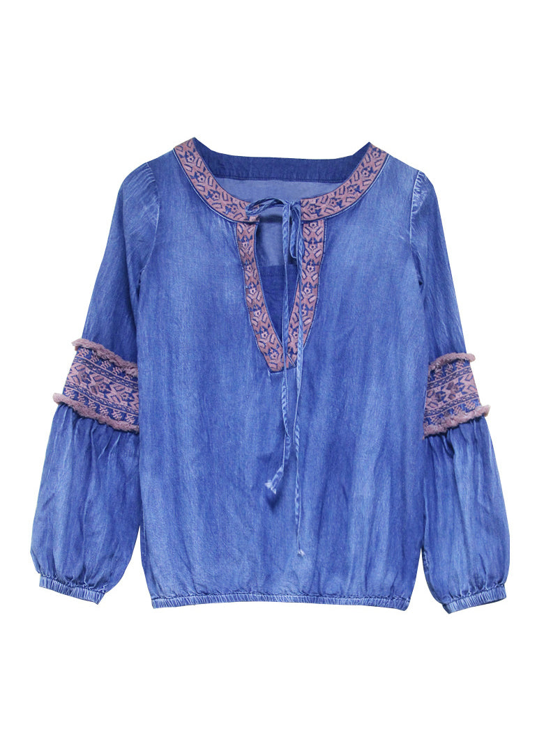 Simple Blue O-Neck Embroideried Patchwork Cotton Tops lantern sleeve