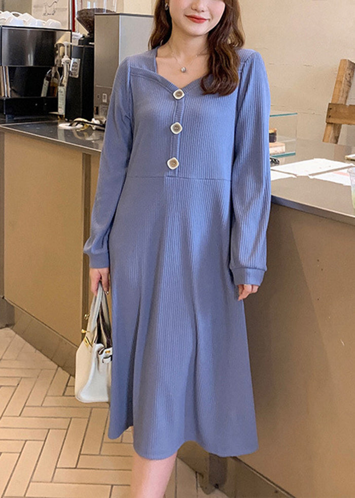 Simple Blue Square Collar Button Spandex Maxi Dress Fall