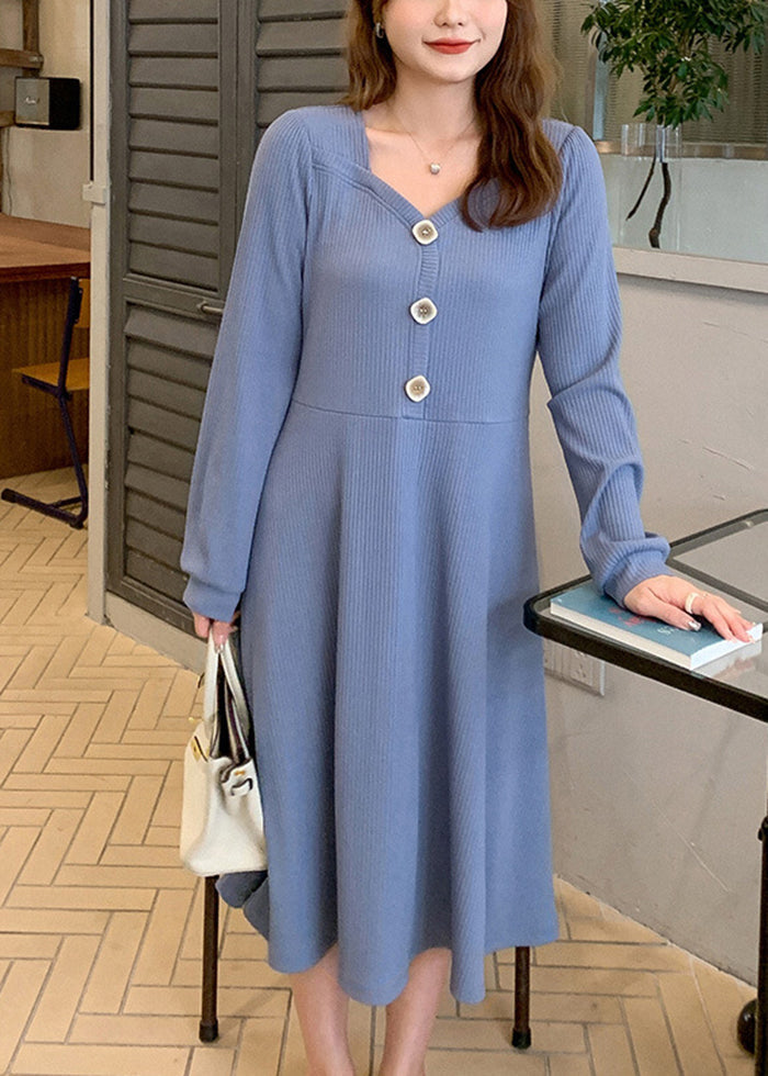 Simple Blue Square Collar Button Spandex Maxi Dress Fall