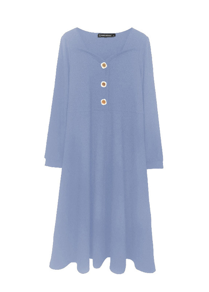 Simple Blue Square Collar Button Spandex Maxi Dress Fall