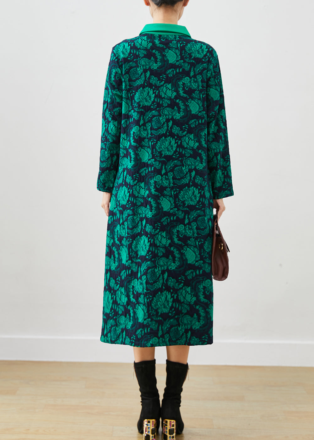 Simple Green Peter Pan Collar Print Cotton Maxi Dress Fall