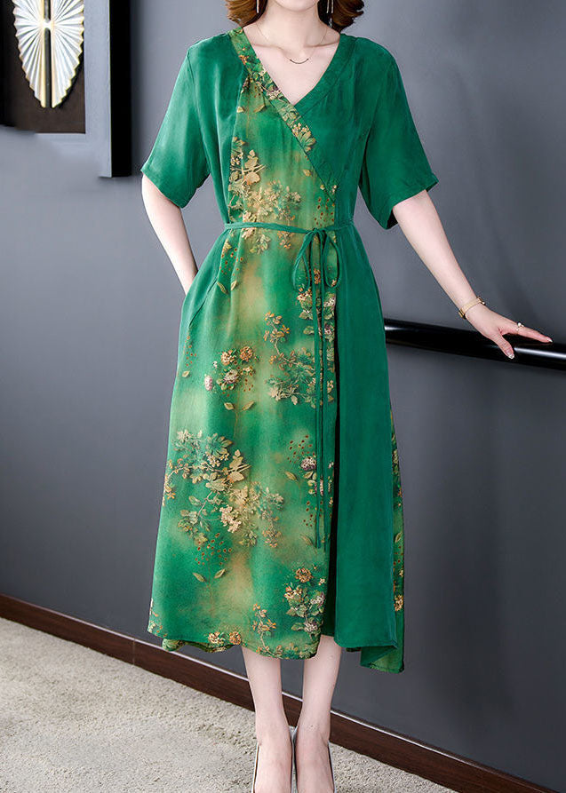 Simple Green V Neck Patchwork Print Silk Dress Summer