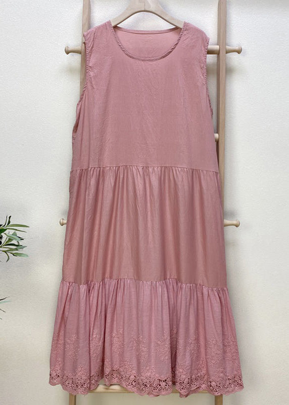 Simple Pink Embroideried Hollow Out Cotton Dress Sleeveless