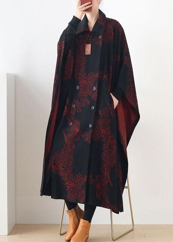 Simple Red Print Asymmetrical Design Button Coat Long - Omychic