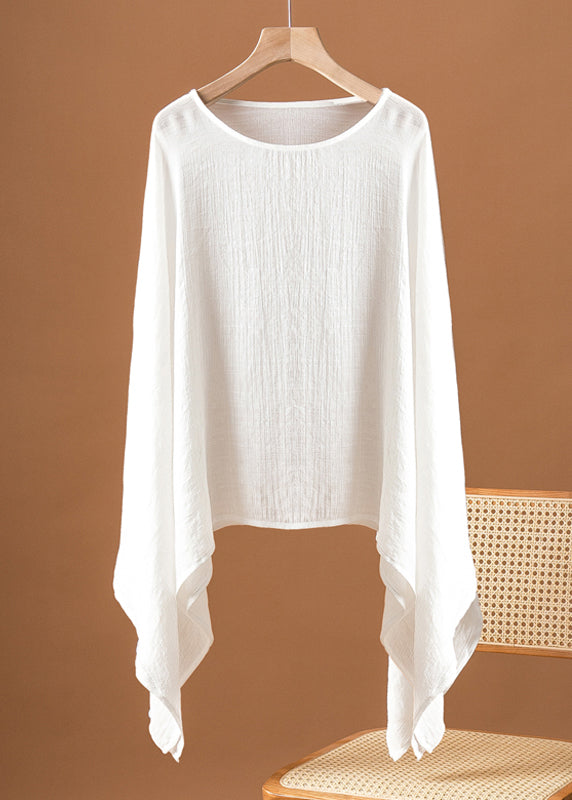 Simple White O Neck Asymmetrical Patchwork Cotton Top Fall