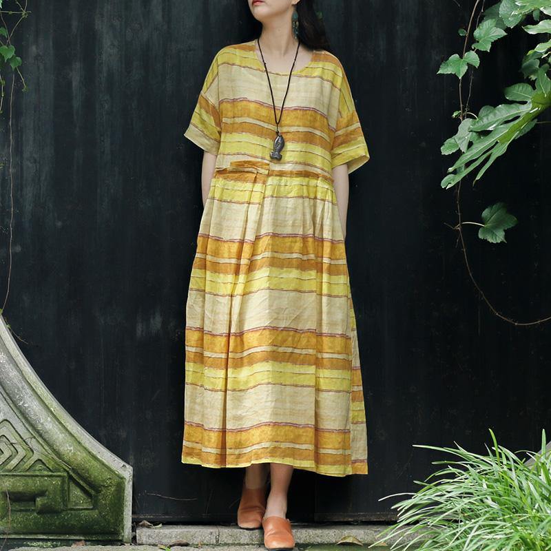 Simple asymmetric pockets linen clothes For Women Korea Cotton yellow striped Art Dress Summer - Omychic