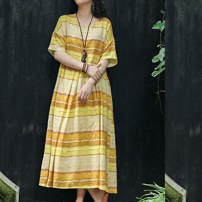 Simple asymmetric pockets linen clothes For Women Korea Cotton yellow striped Art Dress Summer - Omychic