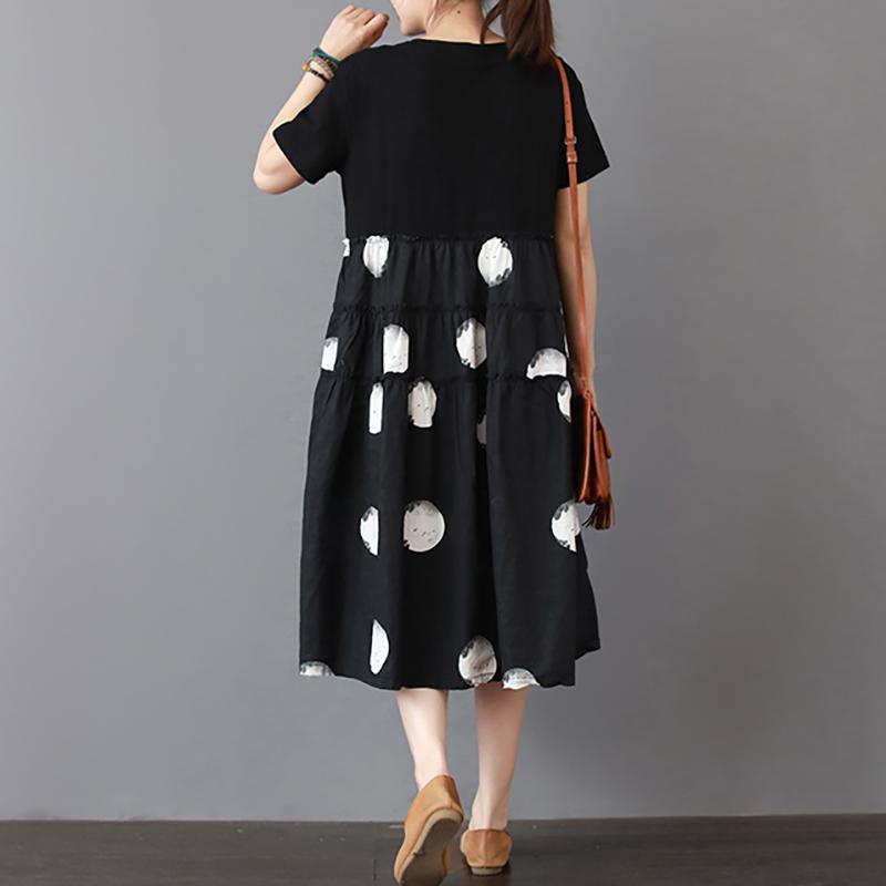 Simple cotton dresses Metropolitan Museum Casual Dot Spliced Print Short Sleeve Dress - Omychic