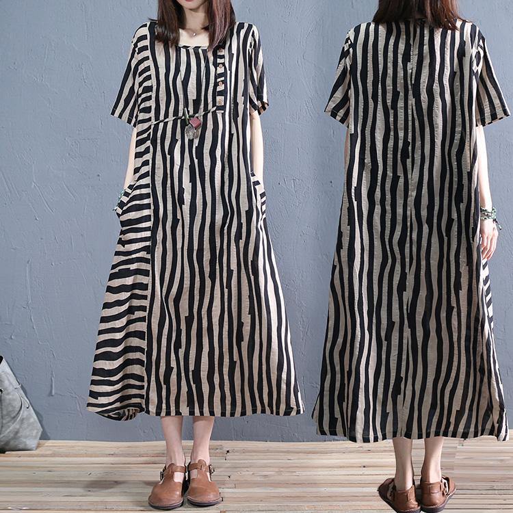 Simple o neck pockets cotton pattern Runway black striped Art Dress summer - Omychic