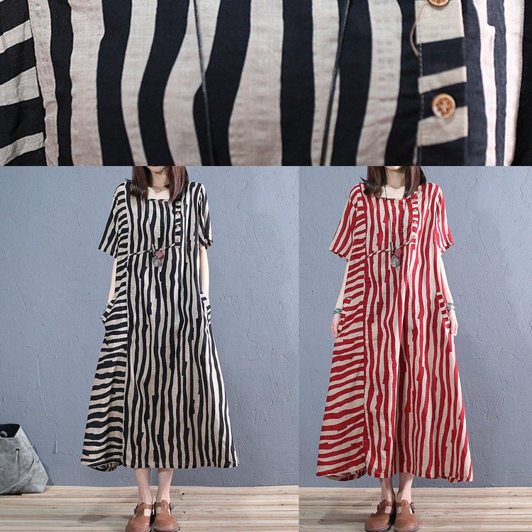 Simple o neck pockets cotton pattern Runway black striped Art Dress summer - Omychic