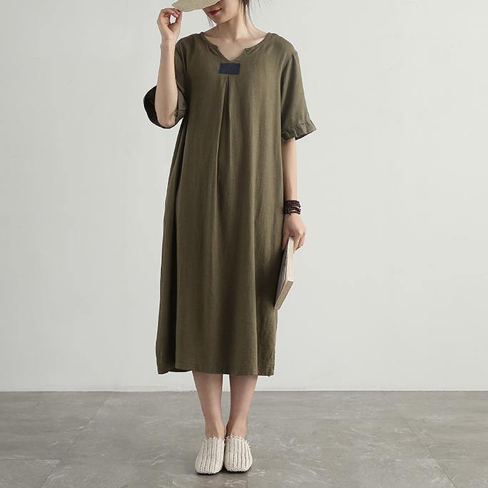 Simple v neck linen cotton tunics for women Photography green Dresses summer - Omychic