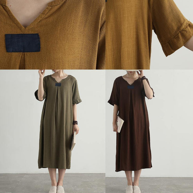 Simple v neck linen cotton tunics for women Photography green Dresses summer - Omychic